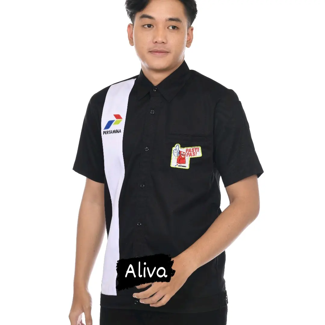 Kemeja Pria/Baju Atasan/Baju Seragam Kerja Operator SPBU Pertamina Pendek Bordir Baju Katun