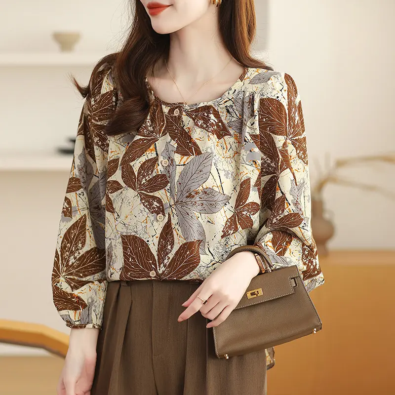 TianShun Women's Thailand Maple Leaf Printed Long-sleeved Round Neck Shirt Casual Fashion Tops