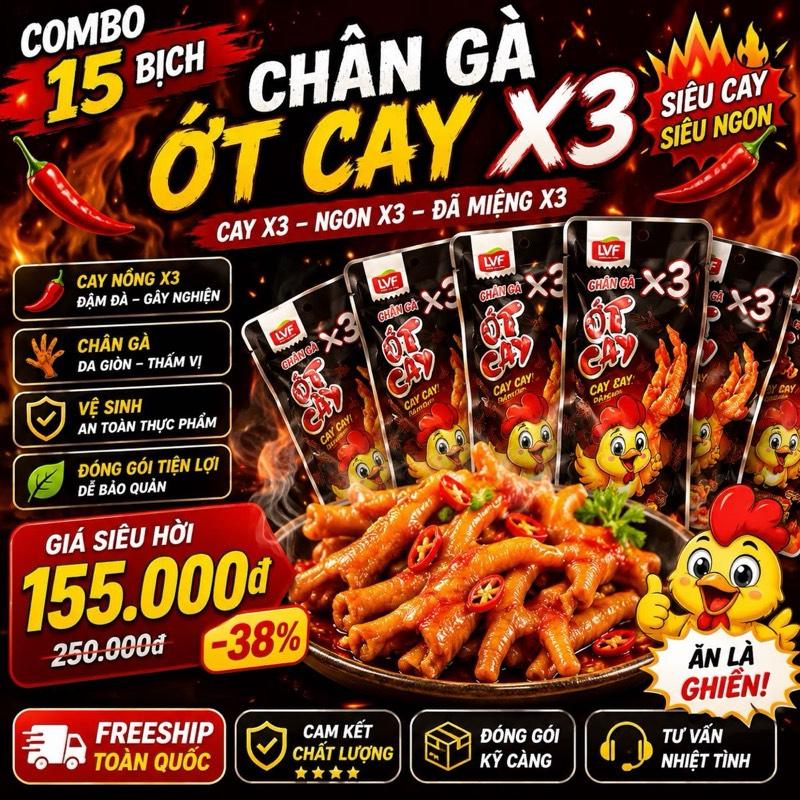 Sản phẩm: Combo 15 bịch chân gà ớt cay X3 – mỗi bịch 3 chân, đóng gói 80g ️ Hương vị: Cay nồng chuẩn vị, thấm đều từng thớ thịt  Số lượng: 15 bịch x 3 chân = 45 chân gà chất lượng