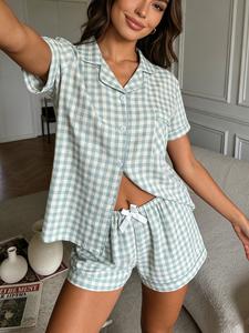Conjunto de pijama para mujer de dos piezas, diseño clásico a cuadros en color menta, con detalle de lazo, corte holgado, estilo casual para todas las estaciones