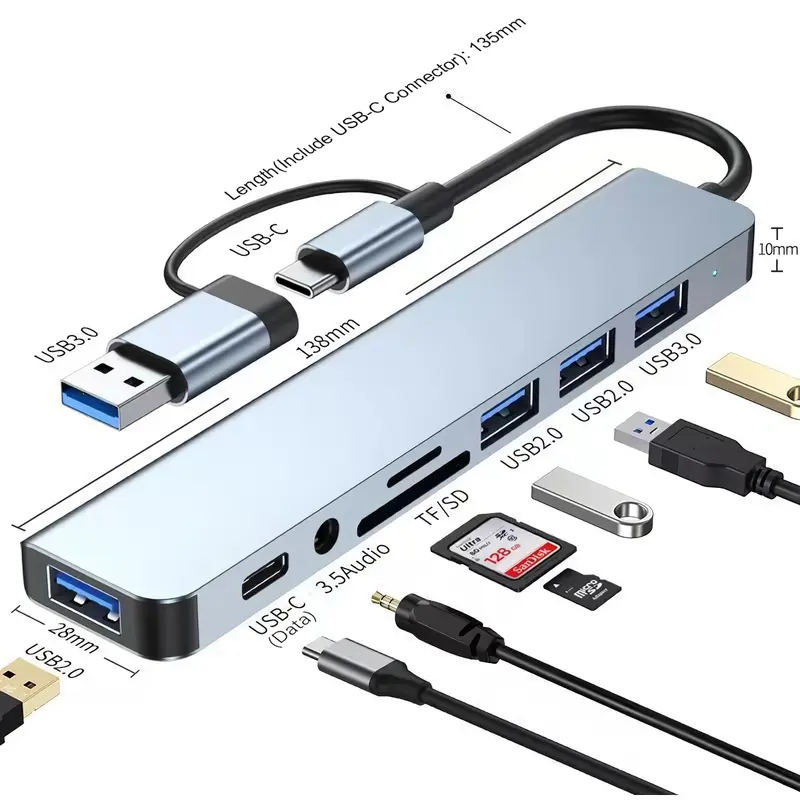 8 in 2 Docking Station Hub Converter Adapter Multi Port Splitter with 3.5mm Audio Jack OTG SD TF Card Reader Eight Seven Five in One for Android Laptop Tablet PC Mobile Phone Aluminium Metal Shell 7 5 4 in 1 Two USB3.0/2.0 USB-C A/Type C Accessory Cover