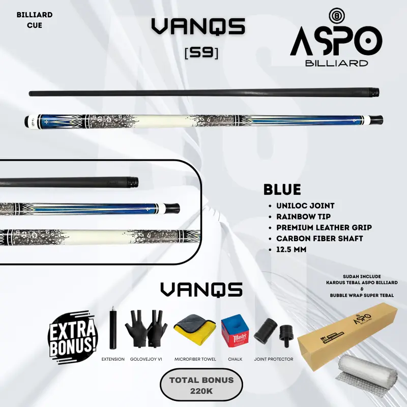 Stik Biliard Carbon VanQS S7  S9 Tip Rainbow 12.5mm Joint Uniloc Grip Kulit Premium Shaft Serat Karbon Defleksi Rendah Panjang 58 Inch Bonus Chalk Handuk Microfiber Sarung Tangan Golovejoy V1 Joint Protector Free Extension Ball 6