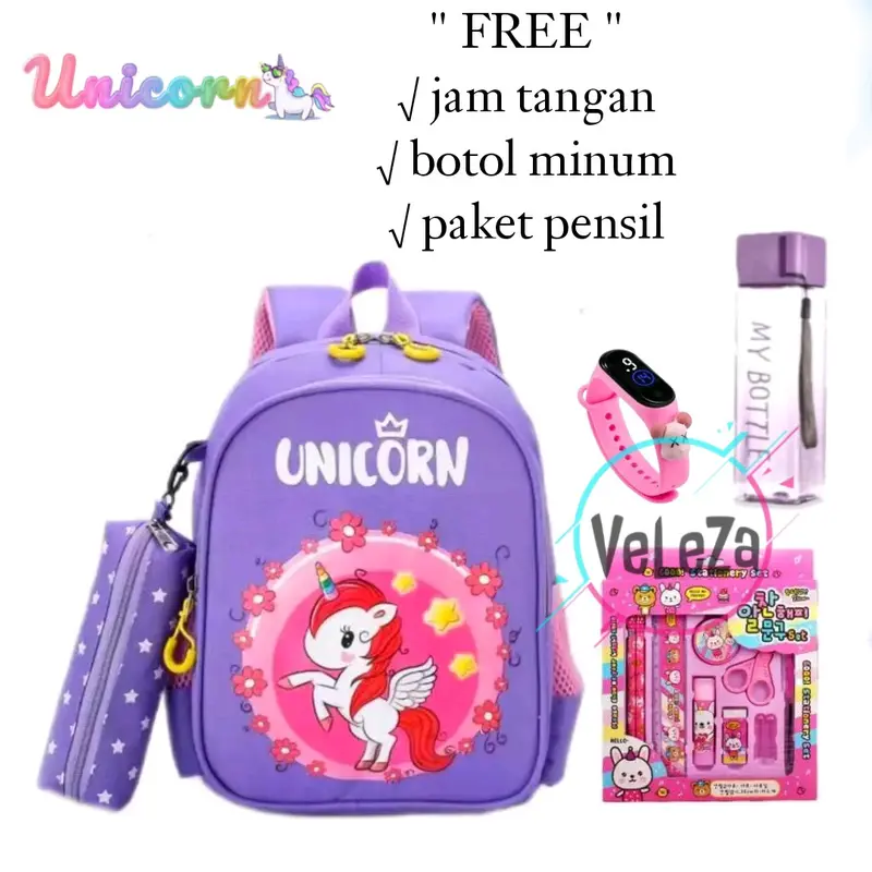 Tas ransel anak perempuan motif unicorn gratis botol minum jam tangan paket pensil tas sekolah anak SD tas ransel 2