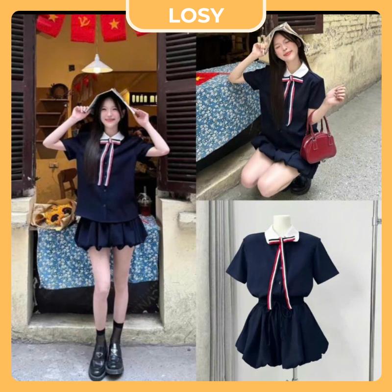 Sét Áo Sơmi Xanh Than Phối Cổ Trắng Mix Quần Váy Dáng Bí Kèm Nơ Tiểu Thư Tôn Dáng Women Nhung Tre Top