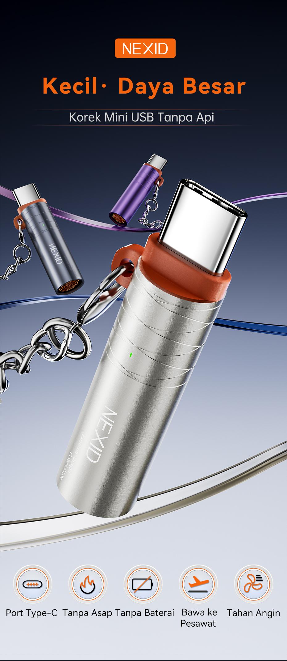 NEXID Api Badai Tiup Korek Api Lighter Keren untuk memanaskan Type-c Cigarette Lighter Mini WindproofPlug and Play Energy saving and Safe Car and HomePortable Lighter(Tidak cocok untuk Samsung)