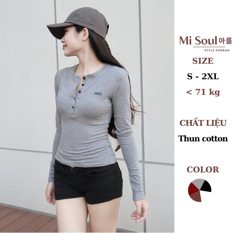 Áo Thun Nữ Tay Dài Cổ V Cài Cúc Thêu Chữ MIN BigSize MiSoul Áo Cotton Thu Đông Dài Tay Thêu Chữ 489