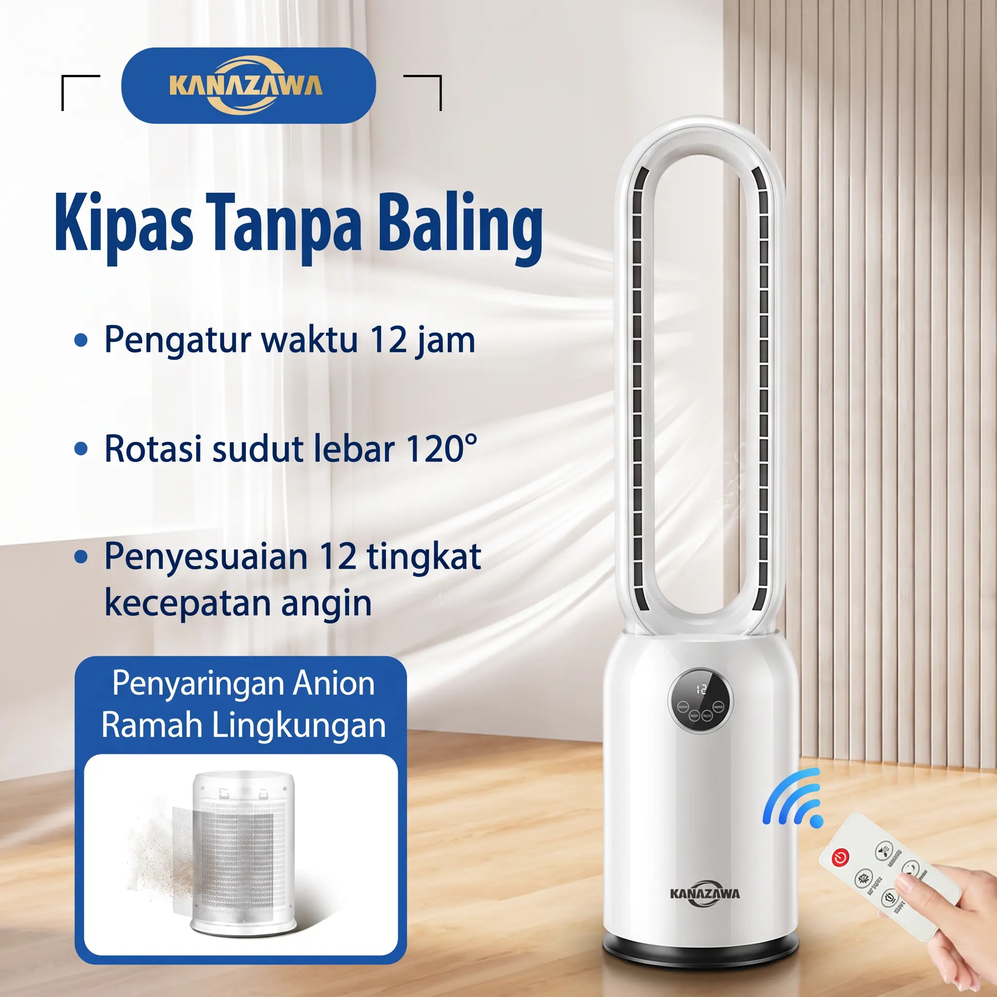 [KANAZAWA]Kipas lantai tanpa daun baru dengan kontrol jarak jauh berayun 120 ° layar sentuh LED Ultra bisu 24 jam waktu cerdas Kipas pendingin hemat energi 2-dalam-1 cocok untuk ruang bayi, kamar tidur keluarga, kantor dan tempat lain