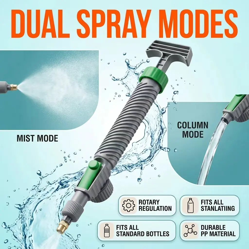 Manual Penyemprot Pompa Air PP Tembaga Besi 85g 29x5.5x1.5cm Dual Spray Modes Mist & Column Mode Fit Semua Botol Standar