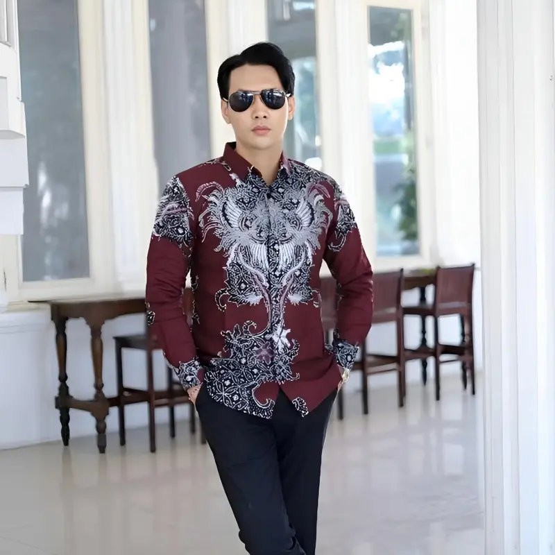 KEMEJA BATIK BURGUNDY LENGAN PANJANG MOTIF TERBARU 2025 4