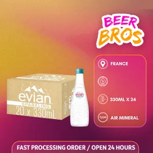Evian Glass Sparkling Mineral Water 330ml [ Dus isi 20 Botol Kaca ] JNE Cargo Termasuk Packing Kayu