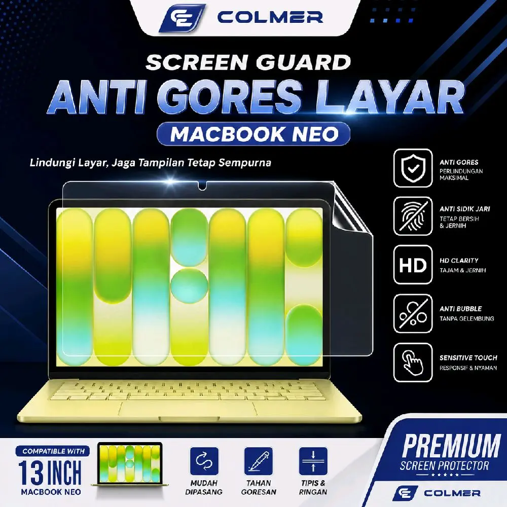 COLMER Screen Guard Anti Gores Layar MacBook Neo 13 Inch A3404 2026 HD Clear Anti Bubble Anti Sidik Jari Pelindung Layar Laptop Premium