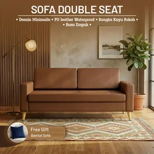 Mika Home Sofa Double Seat Harga Ekonomis Design Retro Minimalis Busa  Empuk High Density, Rangka Kayu dan Kain PU Leather Waterproof  Cocok Untuk Ruang Tamu, Ruang Keluarga dan Kantor  Kaki Sofa Berbahan Metal yang kokoh anti karat Sofa Only Free Bantal