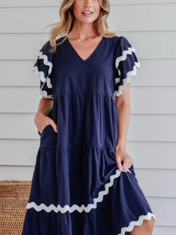 【Plus Size】 Colorblock Print V Neck Dress, Elegant Layered Hem Flutter Sleeve Vneck A Line Dress for Summer, Women's Clothing for Daily Wear, Plus Size Dresses, Womenswear 5