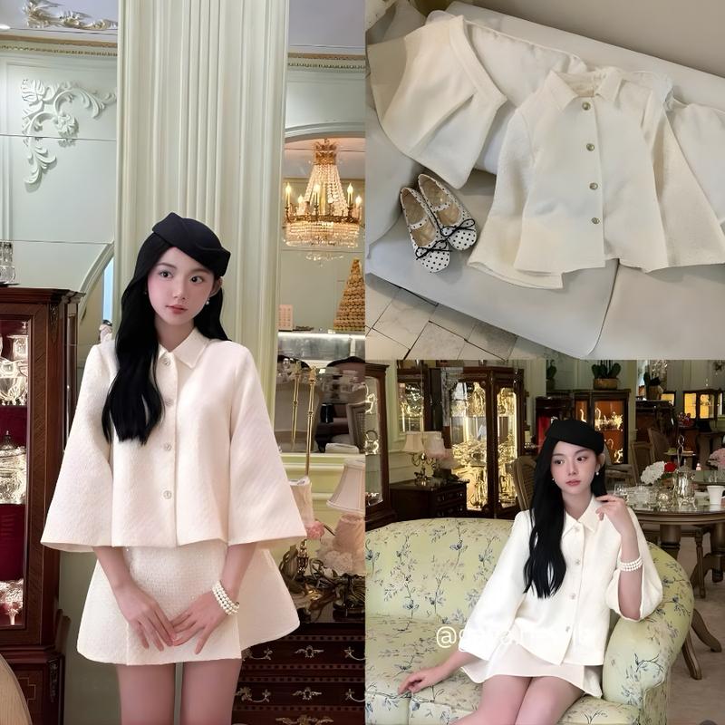   M46  Set Áo Dạ Tay Lỡ Mix Chân Váy Xếp Ly Phong Cách Hàn Quốc 