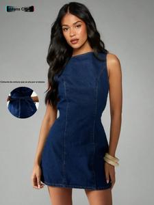 Vestido de mezclilla sin mangas estilo retro americano para mujer, corte en línea A corto, ajuste favorecedor, perfecto para el uso diario, citas, fiestas y vacaciones