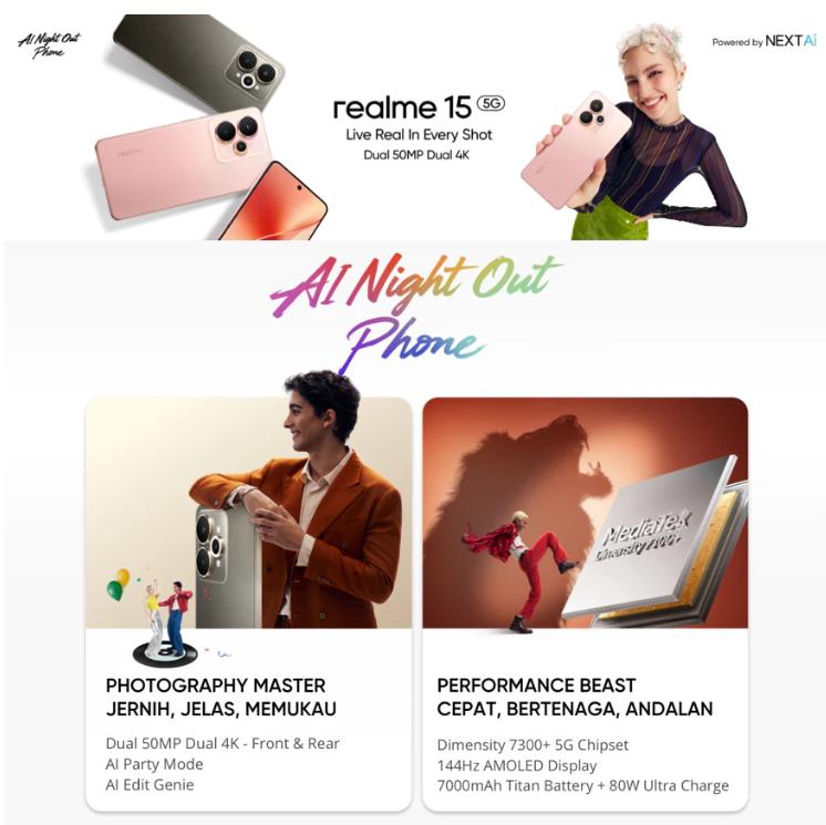 realme 15 5G 8+256GB & 12+256GB Dimensity 7300+ 5G Chipset 50MP SONY AI CAMERA 50MP Selfie Camera | 7000mAh 80W Ultra Charge | GARANSI RESMI