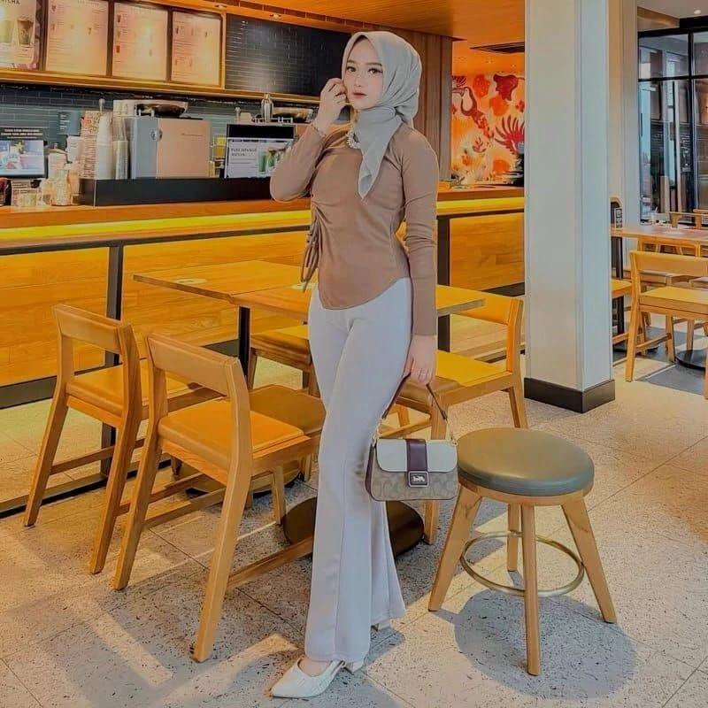 Celana Cutbray Semi Kulot Flare Pants Highwais Cut Bray - Celana Panjang Wanita, Scuba Premium, Pinggang Full Karet  Melar
