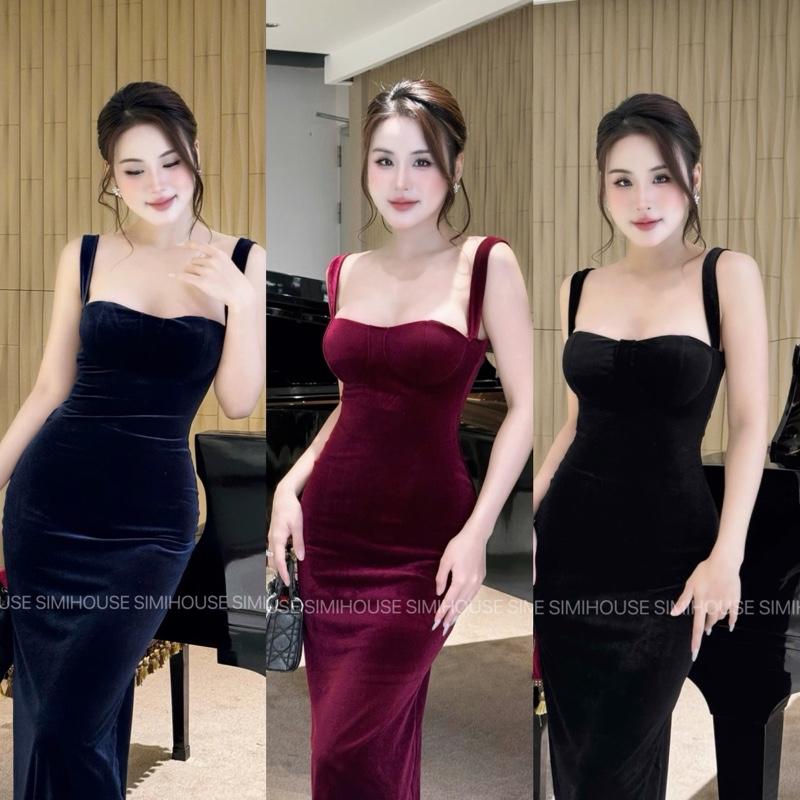   SIMIHOUSE  VÁY BODY NHUNG HAI DÂY CÚP NGỰC D276   Đầm body thun nhung cao cấp hai dây form midi sang trọng đi tiệc 
