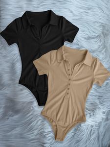 Conjunto de body de mujer de color sólido, moda ajustada y cómoda con botones y cuello acanalado, conjunto de 2 piezas de ropa interior casual