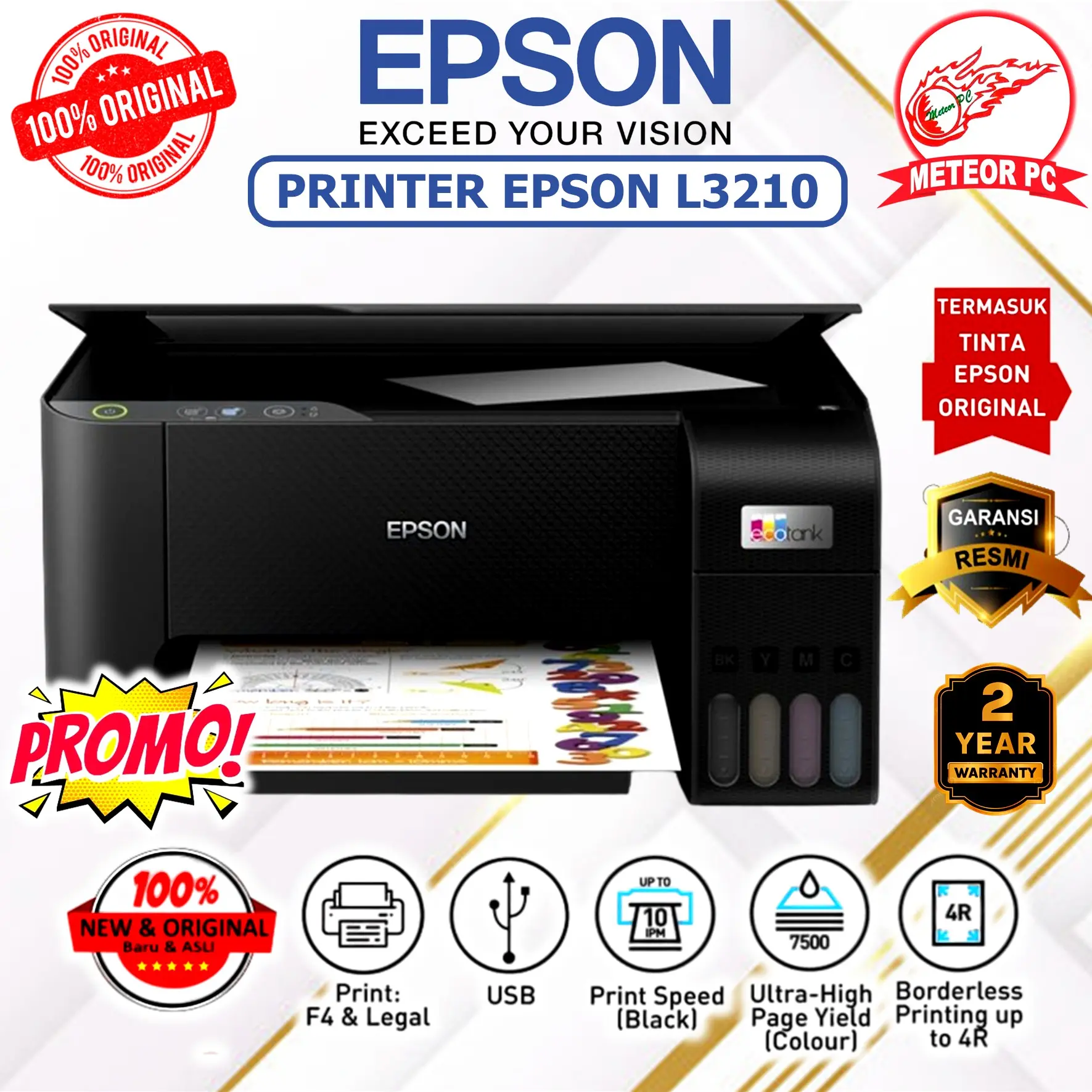 PRINTER EPSON L3210 L3216 L 3210 L3211 PENGGANTI L3110 PRINT SCAN COPY - L3210 BLACK, ORIGINAL INK