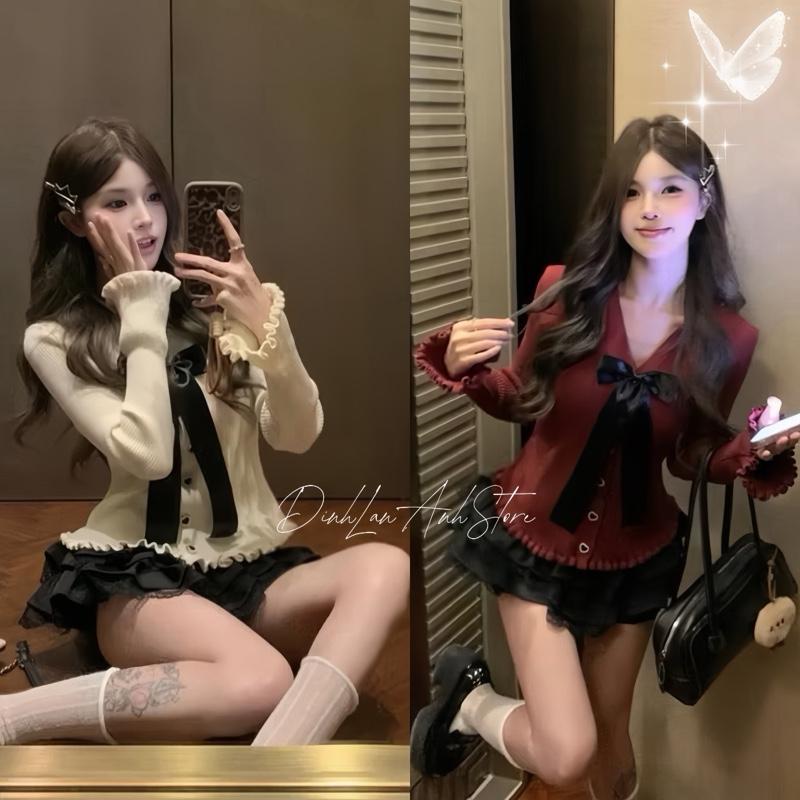 Set áo tay dài viền bèo loe mix chân váy đính nơ xếp tầng dễ thương mặc noel tết - DinhLanAnhStore