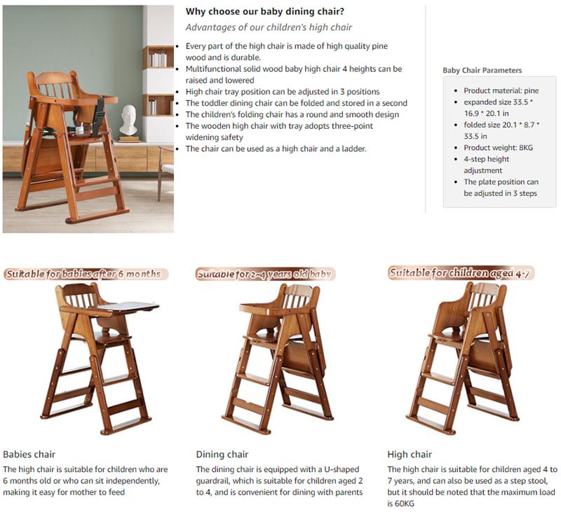 Product Introduction of Wood High Chair with Tray, Baby Highchairs, Children High Stool Dining Chair for Babies and Toddlers Portable Kids Folding Chair with Safety Belt Adjustable Height 12