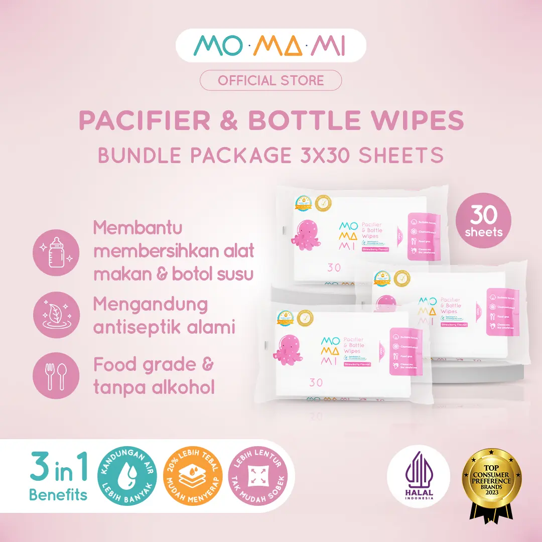 Momami Wet Tissue Bundle  Baby Pacifier & Bottle Wipes - Tisu Basah Food Grade untuk membersihkan Dot & Botol Bayi (30 Lembar x 3 Pcs)