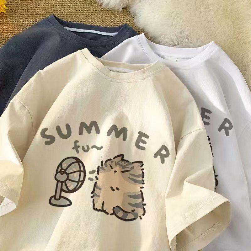 Áo thun con mèo quạt gió SUMMER tay lỡ unisex nam nữ phông form rộng teen cổ tròn freesize cotton giá rẻ basic dễ thương đơn giản ngầu Menswear