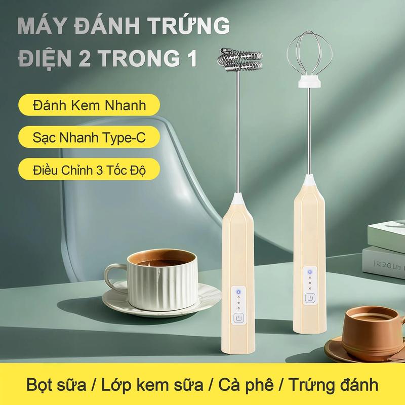 Máy Tạo Bọt Cafe, Máy Đánh Trứng Mini Cầm Tay Sạc Pin 3 Cấp Độ Tặng Kèm 2 Đầu…
