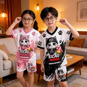 Setelan  outfit Anak Kicau Mania| Baju Anak Cowok Cewek Lucu | Setelan Pendek Kartun Kucing Kekinian