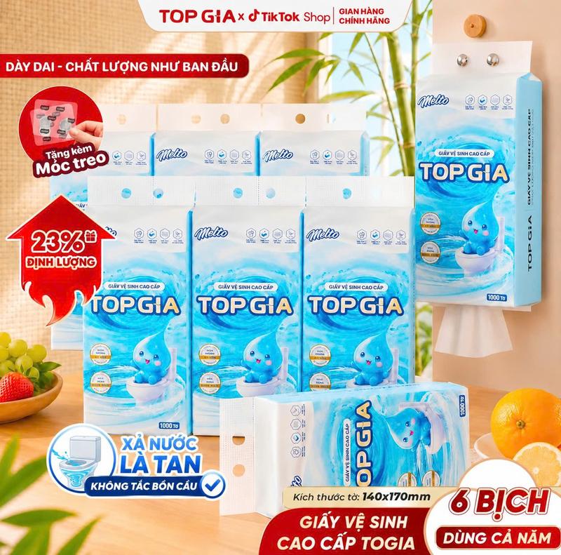 [BẢN SIÊU TO KHỔNG LỒ] Thùng 6 Bịch Giấy Vệ Sinh Rút Đáy Melto 1000 Tờ Tan Trong Nước Cao Cấp TOPGIA - Giấy 4 Lớp Mềm Mịn Êm Ái, dập vân 4D (MT1000)