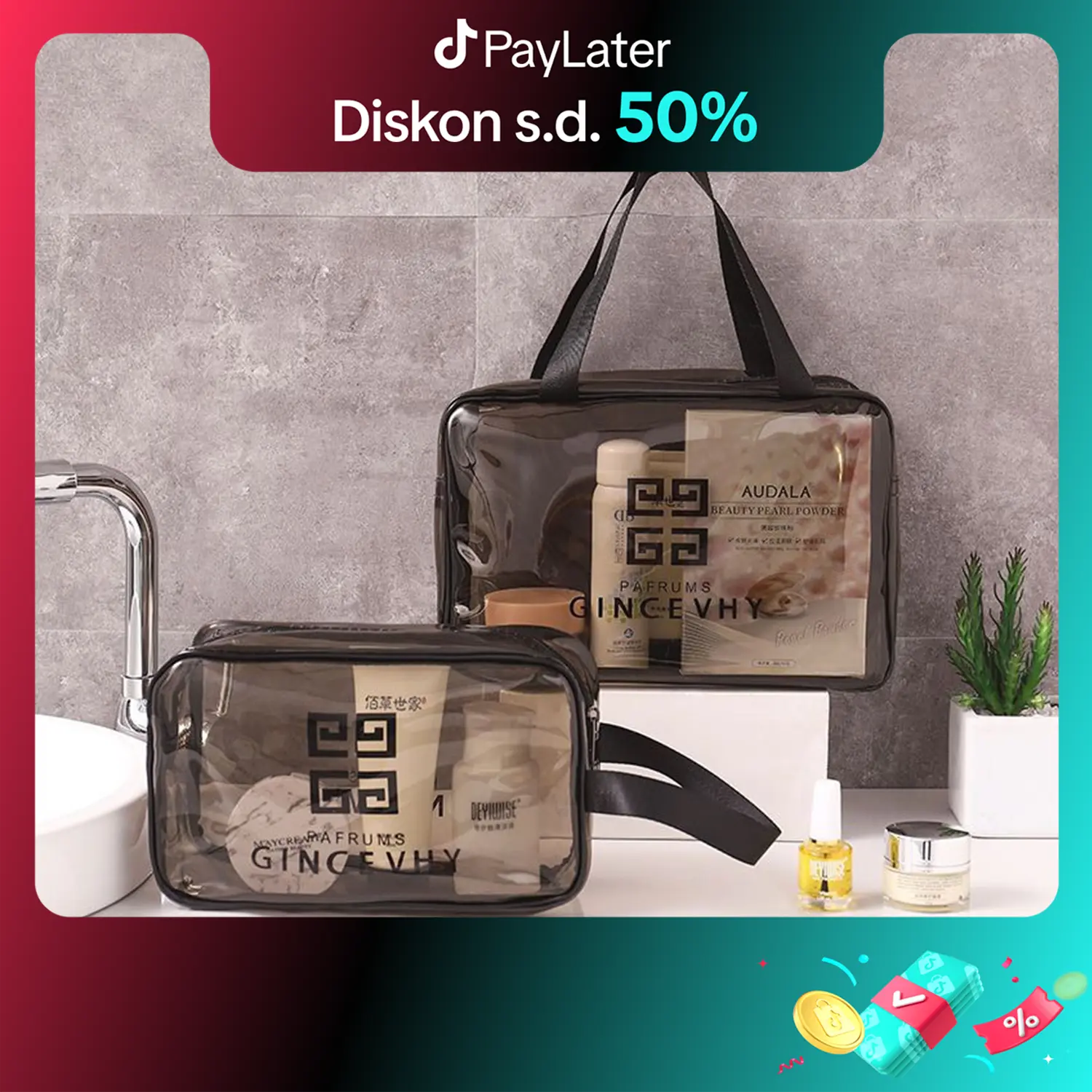 Tas Kosmetik Travel Pouch Transparan Tempat Make Up Bag Peralatan Alat Mandi Transparant Anti Air