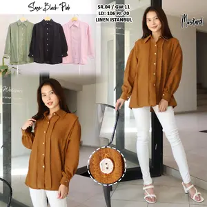 Kemeja Panjang Polos Kancing Full Wanita Casual Linen