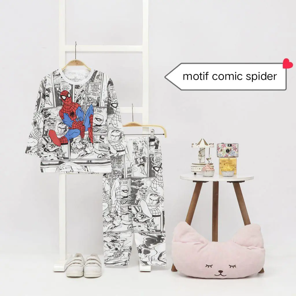 PAKAIAN ANAK  / SET PIYAMA ANAK / SETELAN PANJANG ANAK CEWE DAN COWO (MOTIF COMIC SPIDER)