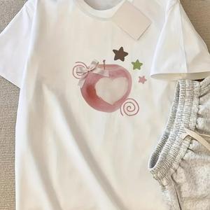 女性用半袖Tシャツ、少女モモプリントラウンドネック、ゆったり、純綿カジュアルトップス、ラウンドネック、ショルダーベルト、ゆったりシルエット、通気性、肩落ちデザインプリントTシャツ夏のゆったりタイプ