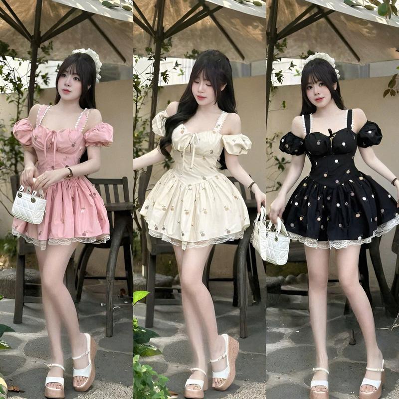 Sét đầm váy nữ đũi 2 dây trễ vai cổ yếm dây thất nơ có mút mix chân váy phối ren ngắn có lót mặc được 2 kiểu xinh xắn dành cho các nàng diện đi chơi đi tiệc