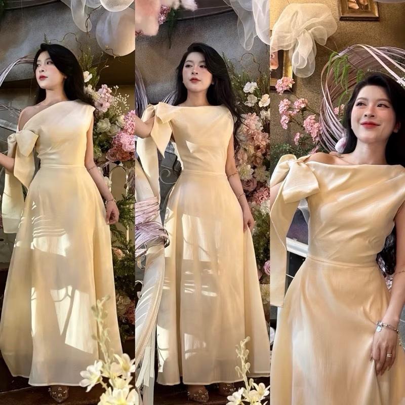 Mèo Mỡ Bigsize — Đầm midi cột nơ lệch vai sang trọng bigsize 60-90kg tay ngắn