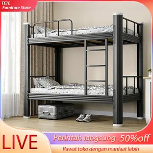 TETE-1Ranjang Susun Besi Tempat Tidur Bertingkat 2 Susun Untuk Semua Umur Anak Remaja Dewasa Model Minimalis Ranjang Besi Tingkat Untuk Kos Kosan Asrama Sekolah Rumah Tinggal Apartemen Kamar Kecil Dengan Tangga dan Pagar Pengaman