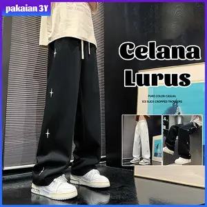 Baggy sweat pants Celana baggy cowok y2k style Sweatpants print men 45-95kg Pola bintang Kaki Lebar Vertikalitas Katun Baggy legged pants sweatpants baggy Lembut Nyaman Pria Remaja Panjang Kain Hitam