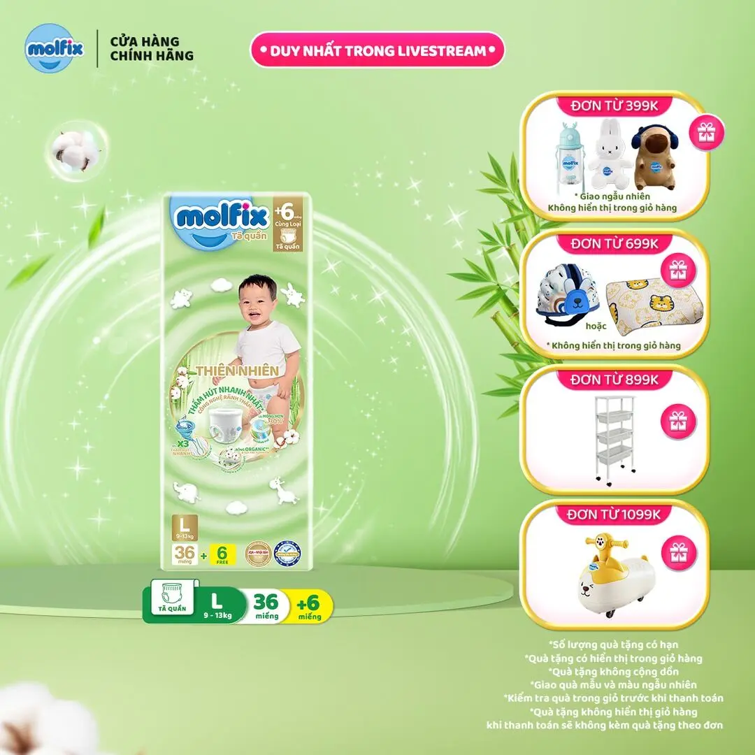 [Bao bì thay đổi theo từng đợt nhập hàng] M12 - Tã/Bỉm Quần Molfix Thiên Nhiên Jumbo Với Sợi Tre Tự Nhiên Và Bông Organic Siêu Thấm Hút - 6 Size S/M/L/XL/XXL/XXXL (4kg - 35kg) Cho Bé