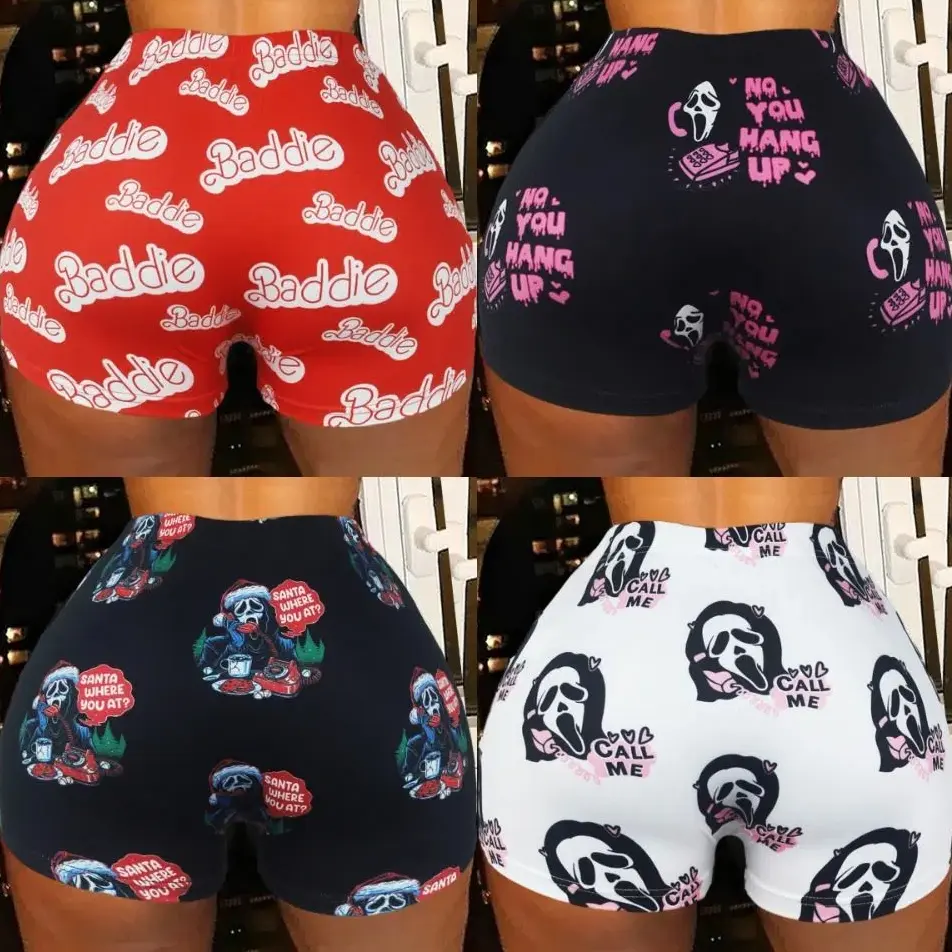 Soft Ghost Seamless Yoga Shorts Tight Halloween Letter Printing Skull Shorts for Women Tie Dye High Waist Butt Lifting Leggings Gym Fitness
