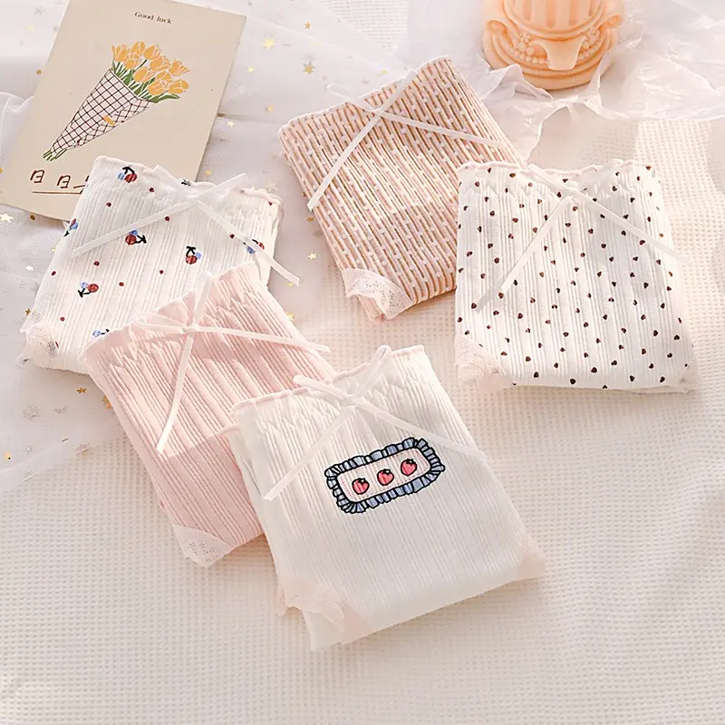 MoodStyle // CD1590 Cd Elastis Motif Pita Strawberry Celana Dalam Warna Pink Putih Bahan Katun Wanita Segitiga Mid Waist Sutra Briefs Cewek Cantik Bunga 1