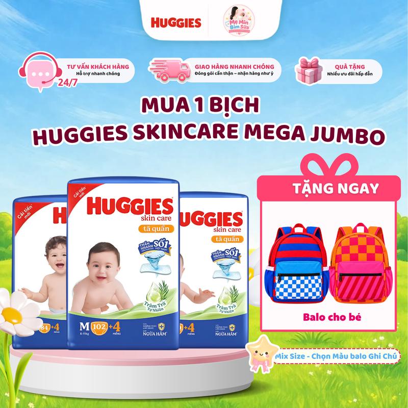 [MUA 1 TẶNG 1 BALO CHO BÉ XANH VÀ HỒNG]Tã Quần Huggies Skincare Mega Jumbo M106/L104/XL88/XXL80 Miếng Cho Bé