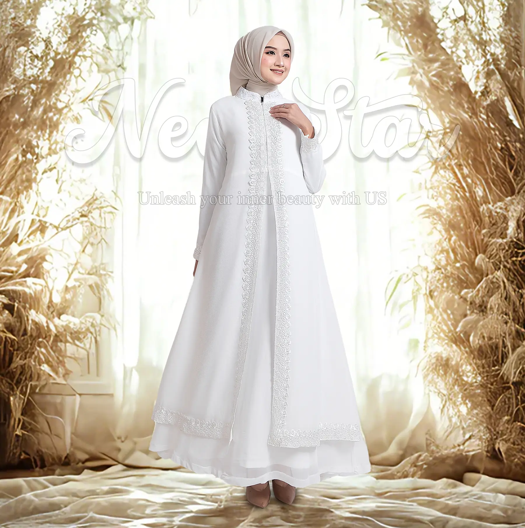 NewStar - Baju Gamis Putih Lebaran 2025 Wanita Kekinian Dress Abaya Warna Putih Terbaru Mewah B39