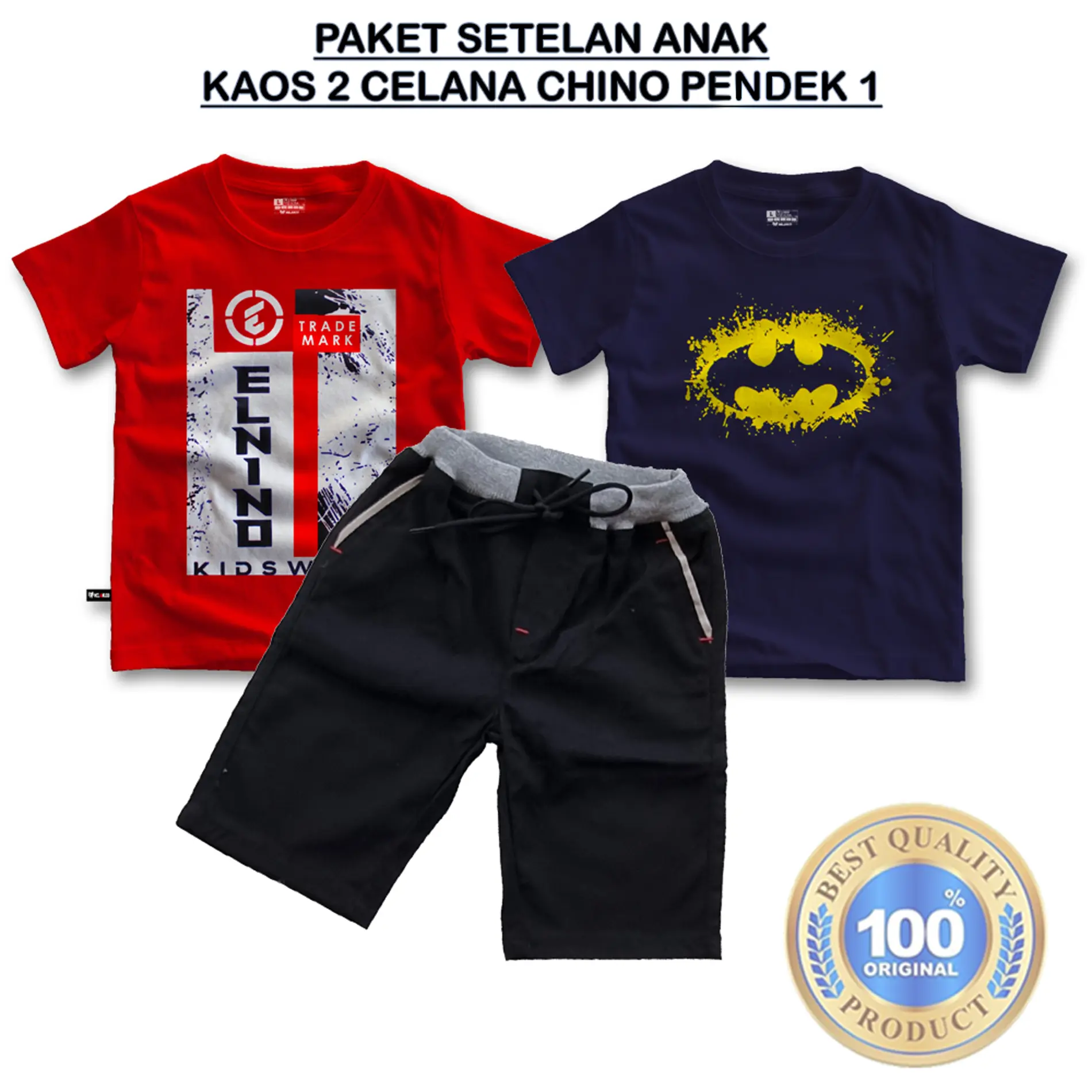 Paket setelan anak laki laki 2 kaos 1 celana chino pendek usia 3.5-14 tahun bahan premium Kids
