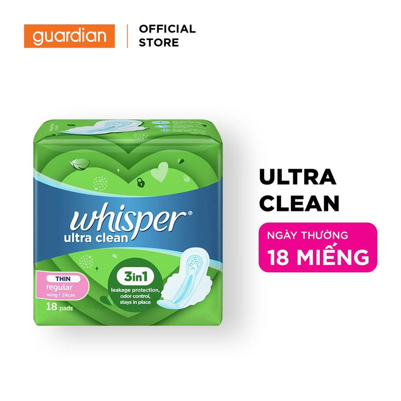  Băng Vệ Sinh Siêu Mỏng Có Cánh Cho Ngày Thường Ultra 24cm Whisper Gói 18 Miếng | Guardian Việt Nam 