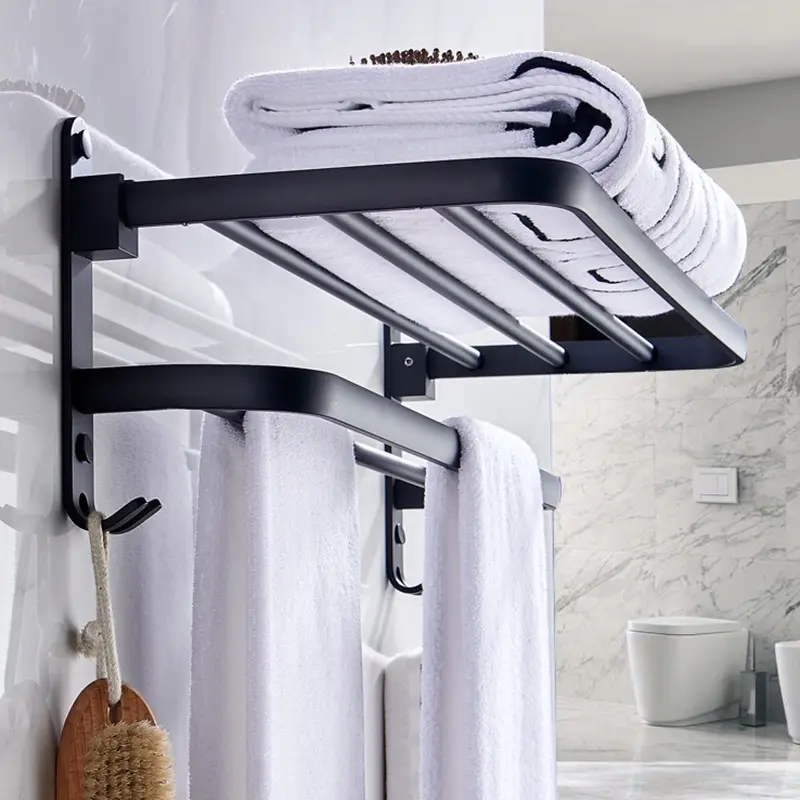 Rak Gantungan Handuk Kamar Mandi Tempel Dinding Lipat Tanpa Paku Bahan Besi Aluminium Aesthetic Warna Hitam
