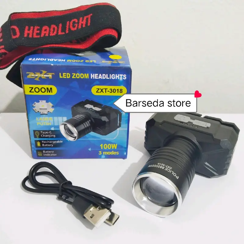 Senter Kepala Zoom Led 100 WATT ZXT-3018 Headlamp 3 Mode Cahaya KUNING Super Terang Cocok Pakai Camping Berkemah 3