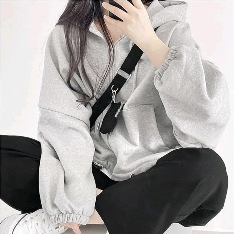 Jaket Hoodie Zipper Wanita | Casa Zipper Hoodie Sweater Casual Wanita Fullzip Fleece Korean XL vintage 2