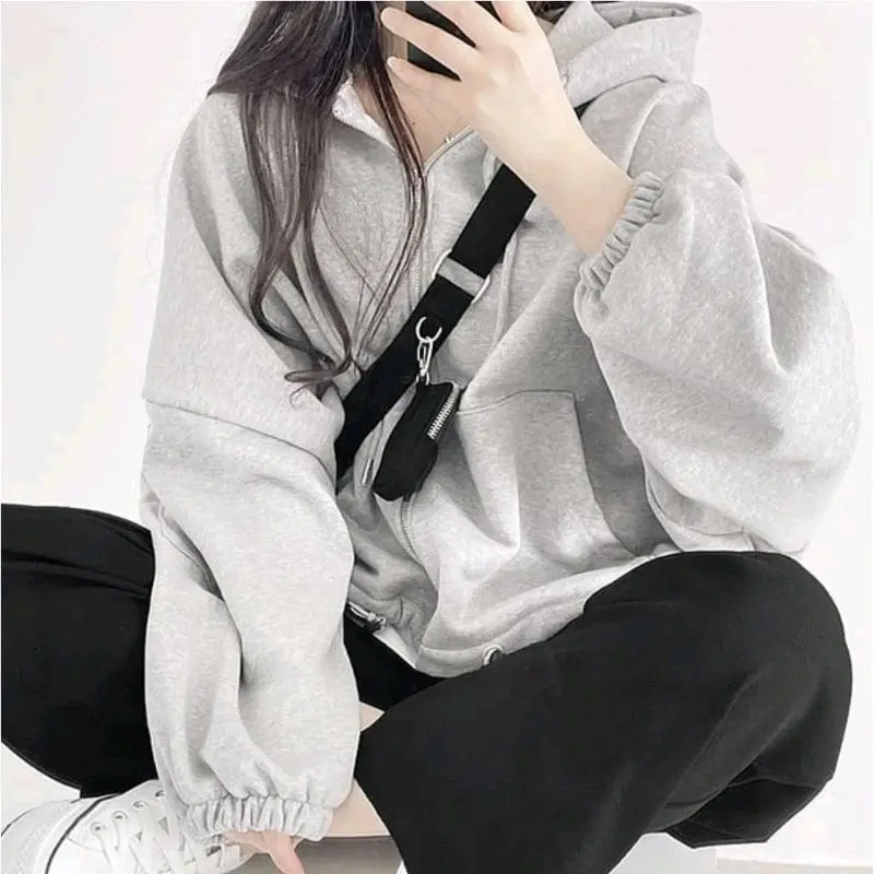 Jaket Hoodie Zipper Wanita | Casa Zipper Hoodie Sweater Casual Wanita Fullzip Fleece Korean XL vintage 2